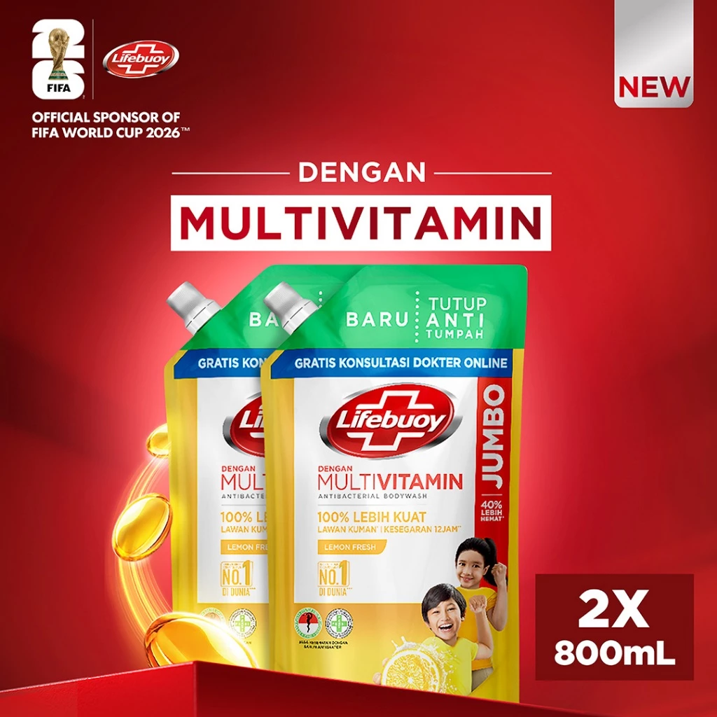 Lifebuoy Sabun Mandi Cair Anti Bacterial Body Wash Lemon Fresh 100% Lebih Kuat Lawan Kuman, Kesegaran 12 Jam 800ml X2
