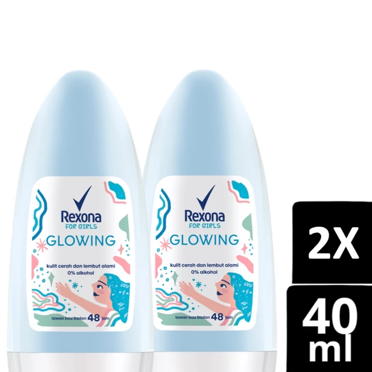 REXONA Roll On Deodorant WANITA Glowing 0% Alkohol Wangi, Formula Pencerah 40ML x2