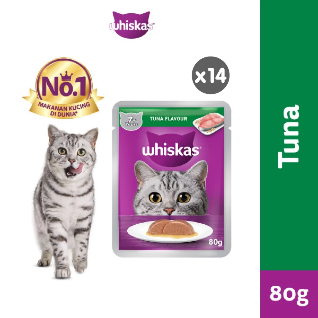 WHISKAS Pouch Makanan Kucing Basah - Senior Rasa Tuna dalam Jelly 80g - Isi 14