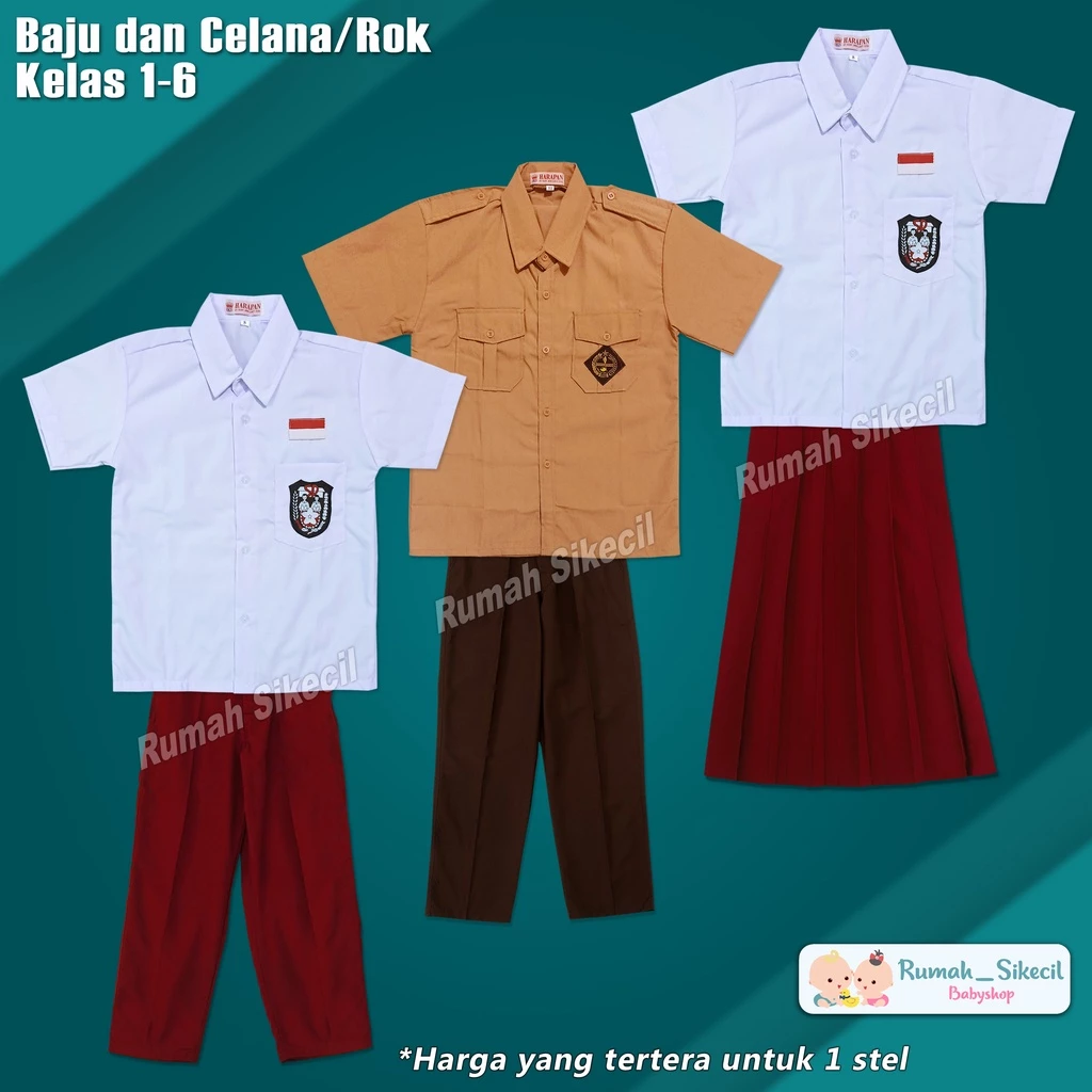 Setelan Seragam Merah Putih Pramuka Sekolah SD Rok Celana Panjang Baju Kemeja Pendek Laki Laki Perempuan Cewek Cowok Kelas 1 2 3 4 5 6