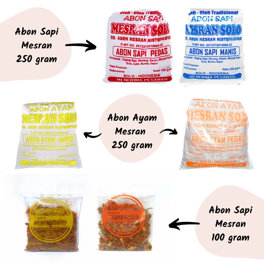ABON SAPI ABON AYAM MESRAN SOLO PEDAS MANIS 250 Gr KHAS SOLO