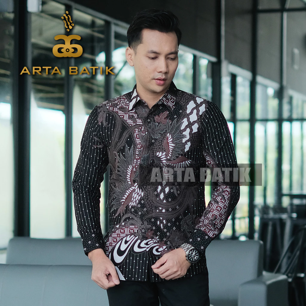 Mantar Hitam Baju Batik Pria Lengan Panjang Modern Bahan Katun Premium Asli Solo Sragen Lapis Furing Slimfit Casual Formal Seragam Kerja Kantor Kondangan Motif Terbaru Kode AB1002PJ Arta Galeri