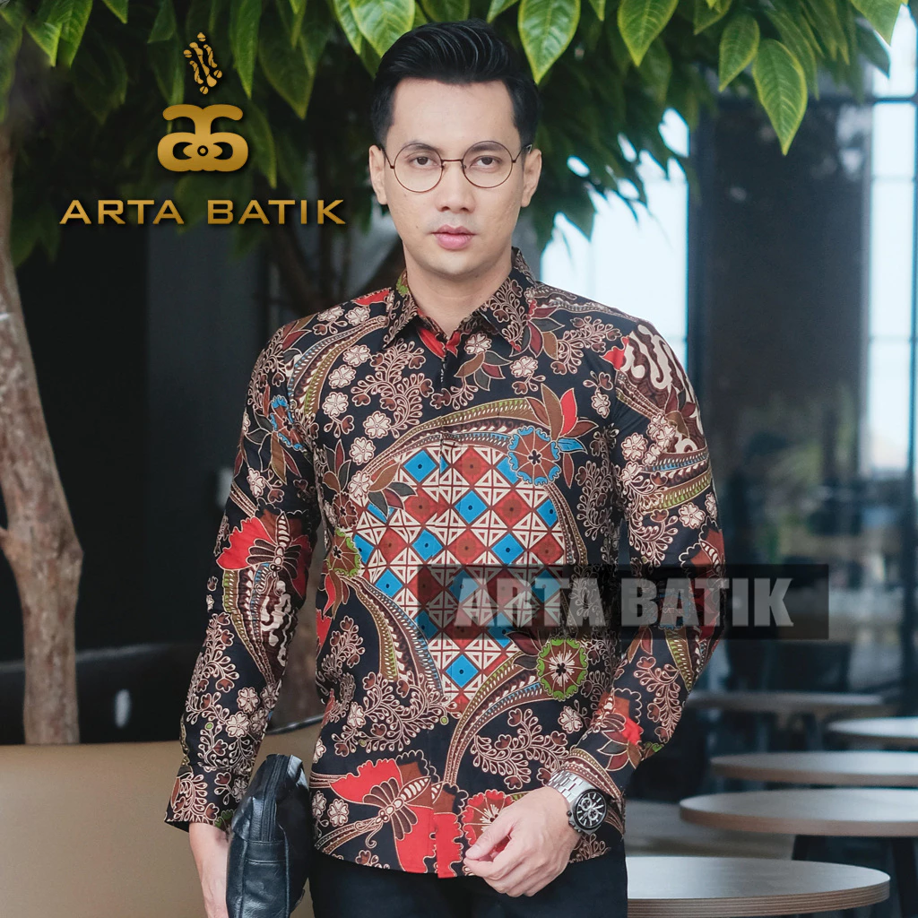Carata Hitam Merah Baju Batik Pria Modern Lengan Panjang Bahan Katun Premium Asli Solo Sragen Lapis Furing Slimfit Casual Formal Seragam Kerja Kantor Kondangan Motif Terbaru Kode AB1006PJ Arta Galeri