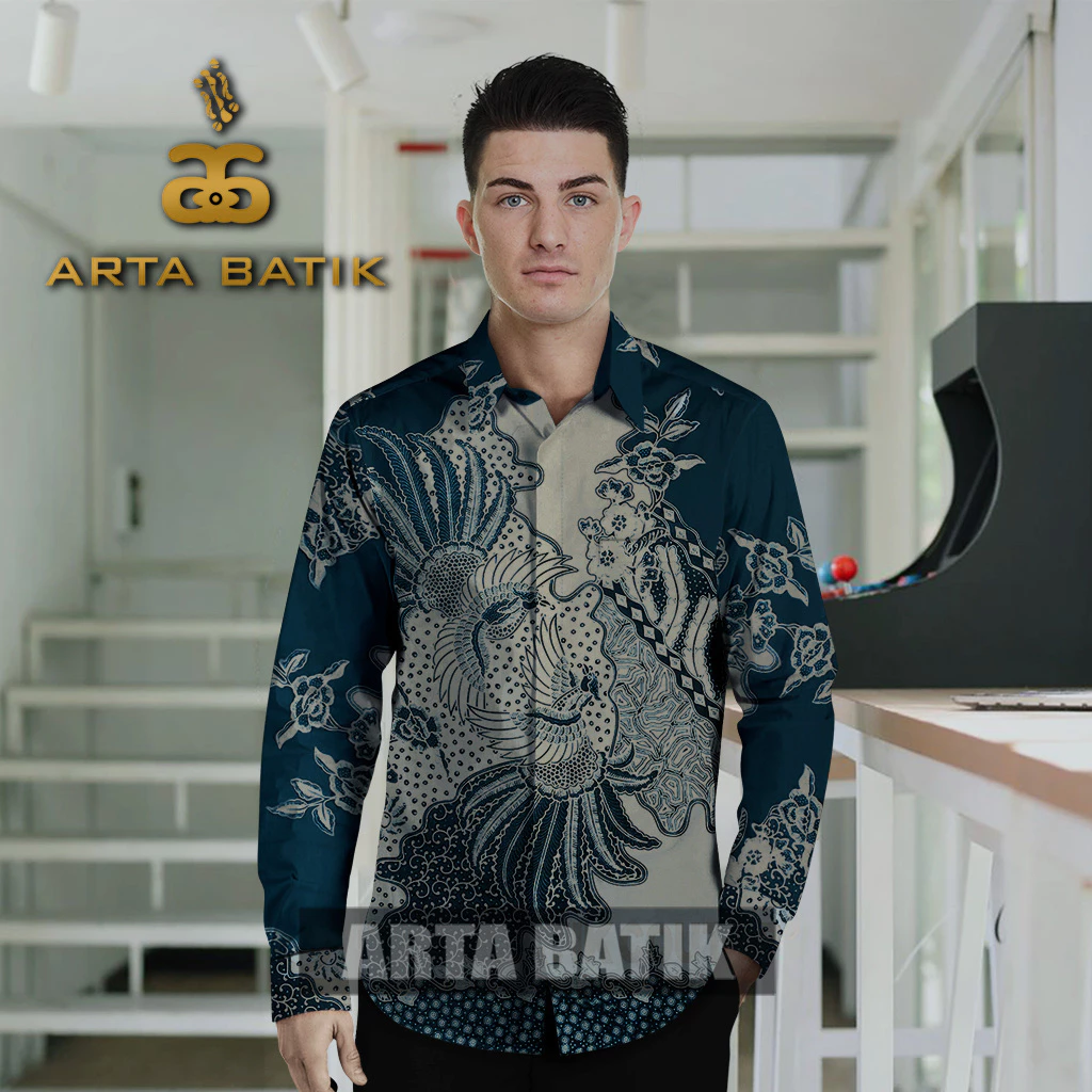 Peksi Navy Baju Batik Bahan Katun Premium Lengan Panjang Modern Pria Asli Solo Sragen Lapis Furing Slimfit Casual Formal Seragam Kerja Kantor Kondangan Motif Terbaru Kode AB1010PJ Arta Galeri