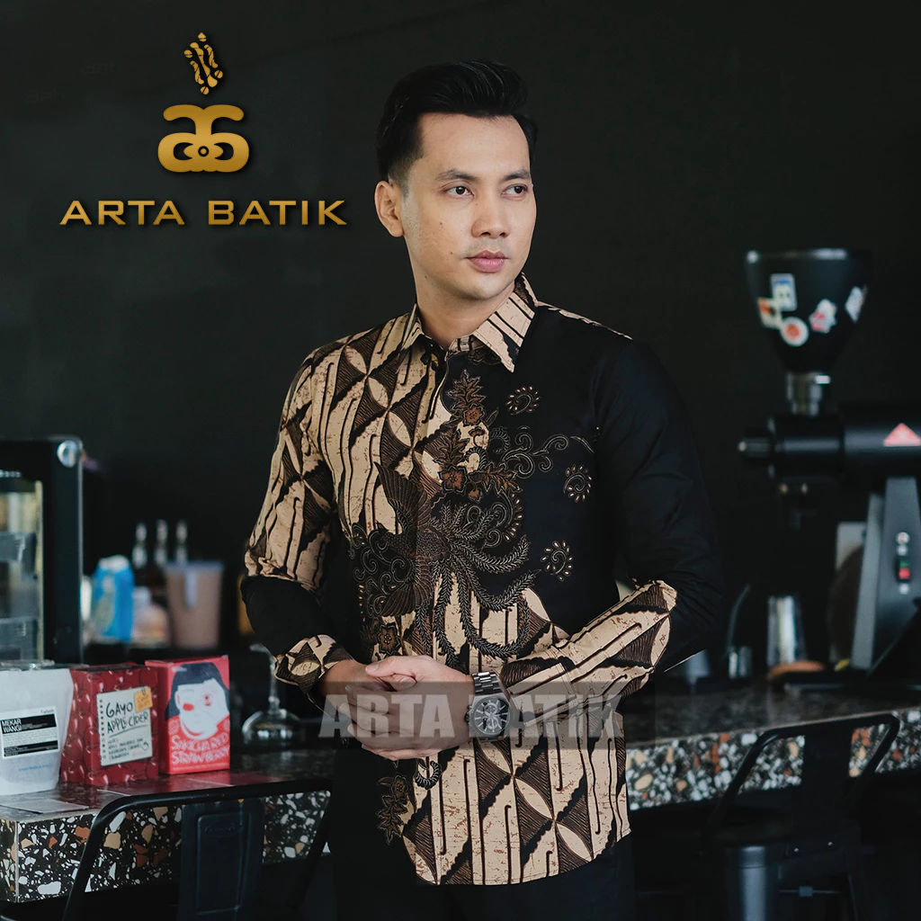 Parling Hitam Baju Batik Premium Modern Pria Lengan Panjang Bahan Katun Asli Solo Sragen Lapis Furing Slimfit Casual Formal Seragam Kerja Kantor Kondangan Motif Terbaru Kode AB1004PJ Arta Galeri