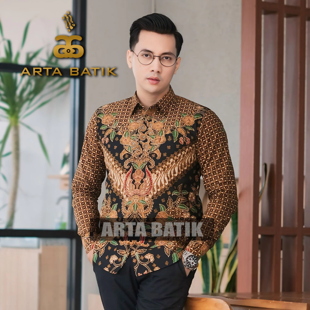 Sigaran Baju Batik Lengan Panjang Modern Pria Premium Bahan Katun Asli Solo Sragen Lapis Furing Slimfit Casual Formal Seragam Kerja Kantor Kondangan Motif Terbaru Kode AB1037PJ Arta Galeri