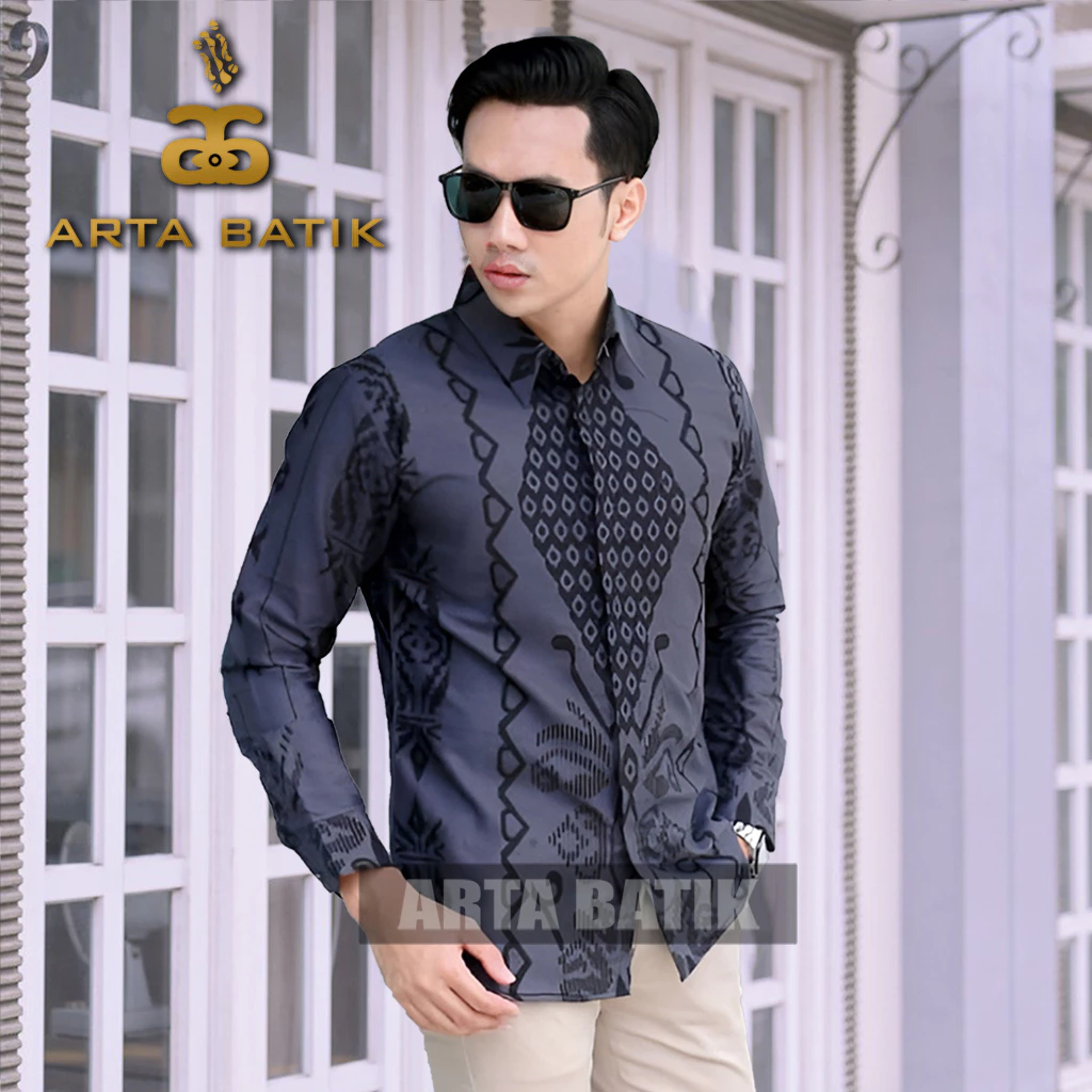 Arung Abu Baju Batik Pria Bahan Katun Premium Lengan Panjang Modern Asli Solo Sragen Lapis Furing Slimfit Casual Formal Seragam Kerja Kantor Kondangan Motif Terbaru Kode AB1011PJ Arta Galeri