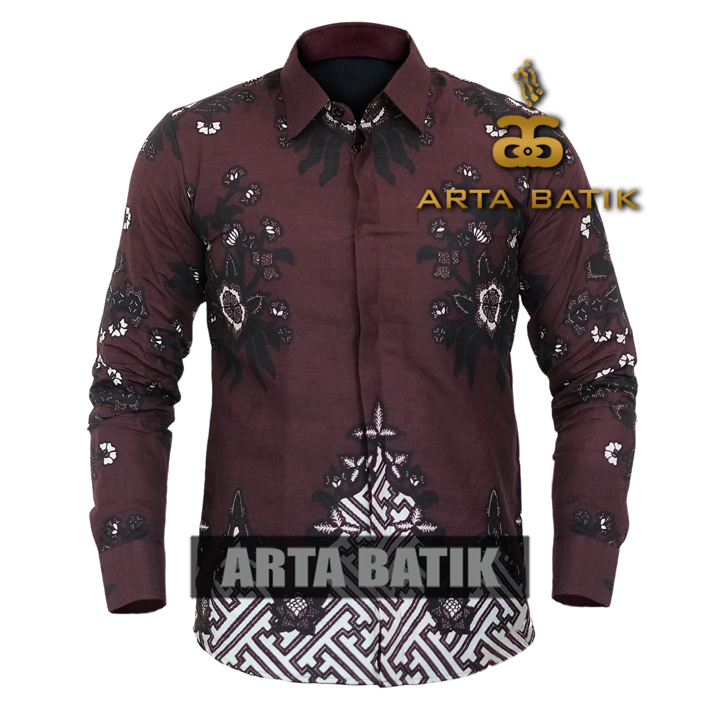 Pradhika Maroon Burgundy Baju Batik Pria Bahan Katun Premium Modern Lengan Panjang Asli Solo Sragen Lapis Furing Slimfit Casual Formal Seragam Kerja Kantor Kondangan Motif Terbaru Kode AB1016PJ Arta Galeri