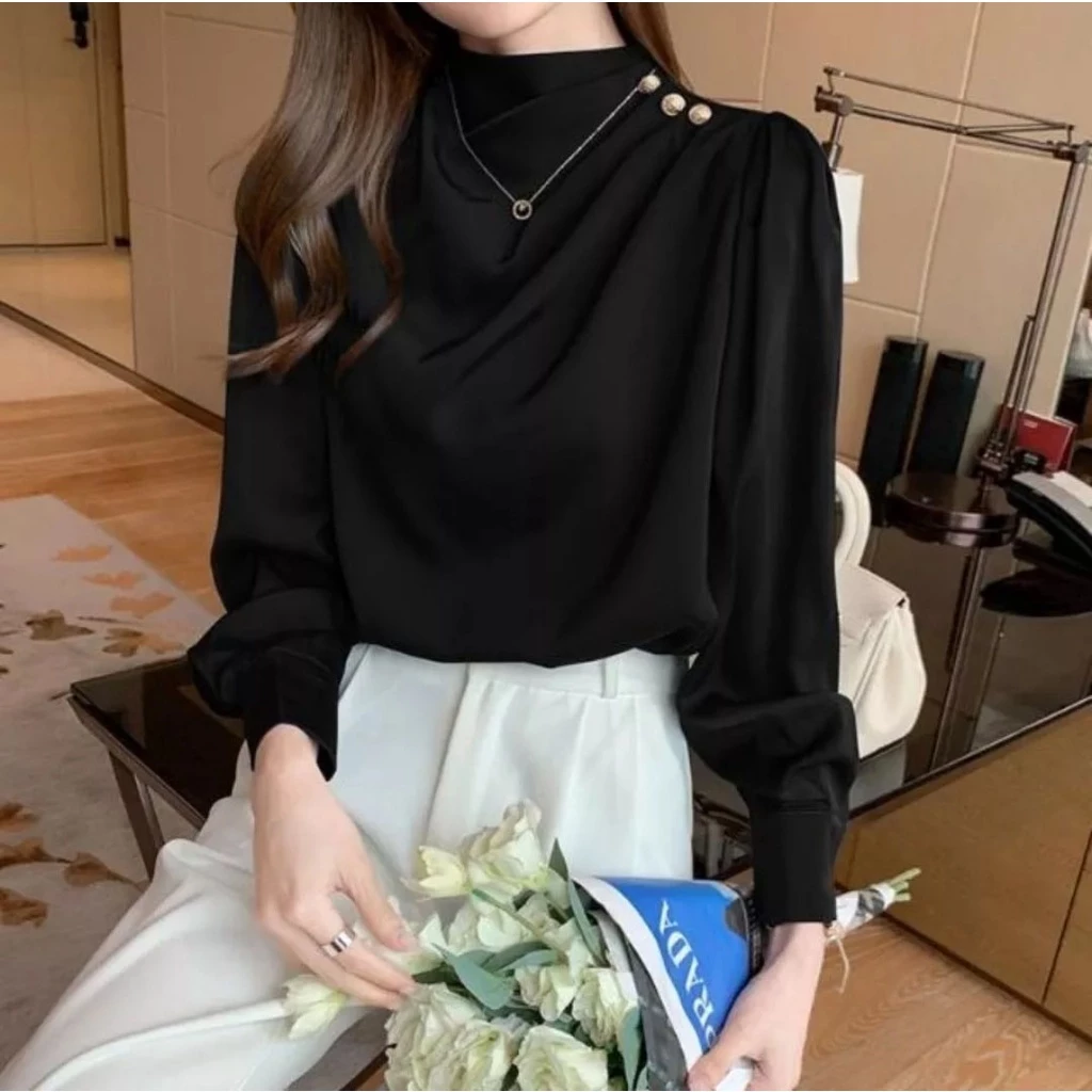 Atasan blouse wanita tangan panjang korean style kancing bahu 937